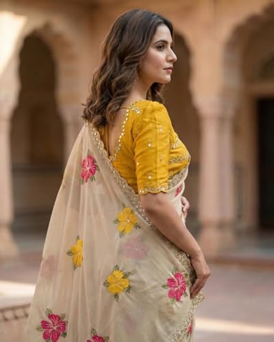 Image of DHARMEE Women's Embroidered Floral Saree with Blouse Piece, Beige with Pink and Yellow Flowers, Sequin Border, Lightweight and Stylish Ethnic Wear - Perfect for Traditional Partie Wear