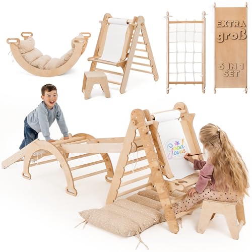 Extra Groß 6-in-1 Indoor Klettergerüst für Kleinkinder - Dreiecksleiter, Bogen & Kletterrampe & Netz & Kissen, Kunstzusatz, Montessori Klettergerüst, Kinder Holzspielplatz für Kids von 1-5 Jahren