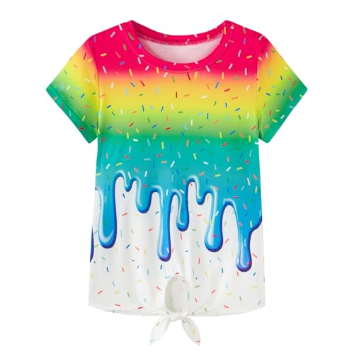 Funnycokid Girls Shirts Kids Short Sleeve Tee Shirt Tie Front Tops 11-12 Years Dripping Ice Cream