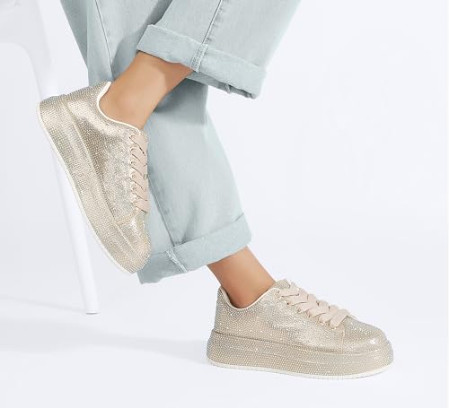Image of LUCKY STEP Rhinestone Sneakers for Women Platform Sparkly Glitter Bling Tennis Shoes Fashion Bedazzled Wedding Bridal Party Walking Sneakers