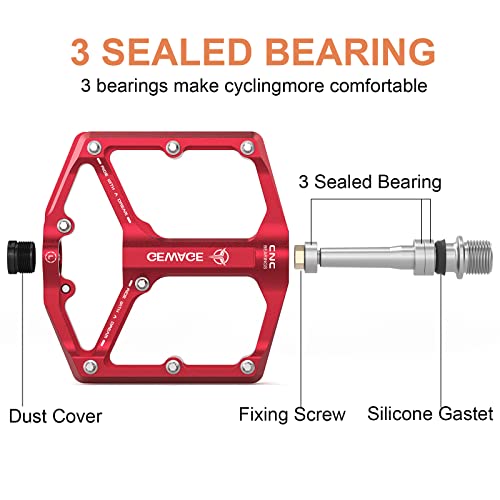 Road/Mountain Bike Pedals - 3 Bearings Bicycle Pedals - 9/16” CNC Machined Flat Pedals with Removable Anti-Skid Nails (Red) by GEWAGE - Image 4