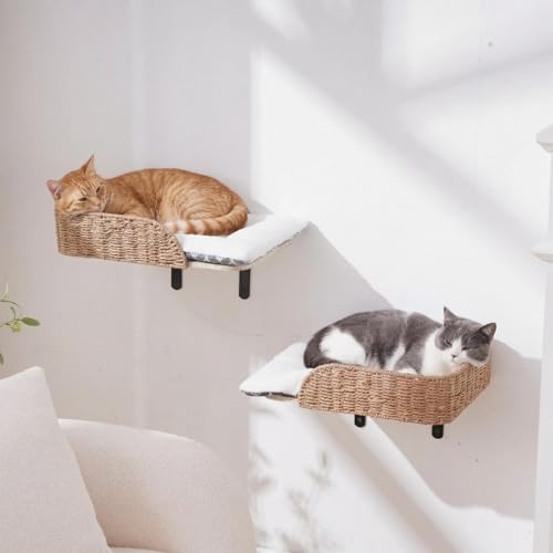 SHENGOCASE Modern Wall Mounted Cat Bed Perch with Handwoven Guardrail 2-Pack Wooden Shelves with Washable Pillow Cushions Wall Furniture Set