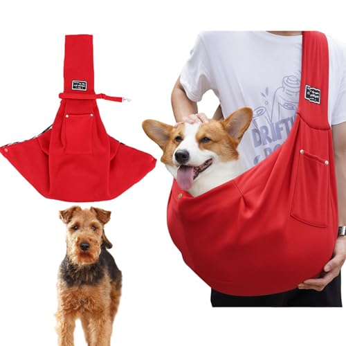 Lifetips ウェルシュテリア(Welsh Terrier) ペットスリング 犬猫兼用 ショルダーキャリー 軽量 通気 洗える 調節可能 クッション付き 収納ポケット 斜め掛け アウトドア 11色展開 小型犬 中型犬 ペット用キャリーバッグ (レッド)