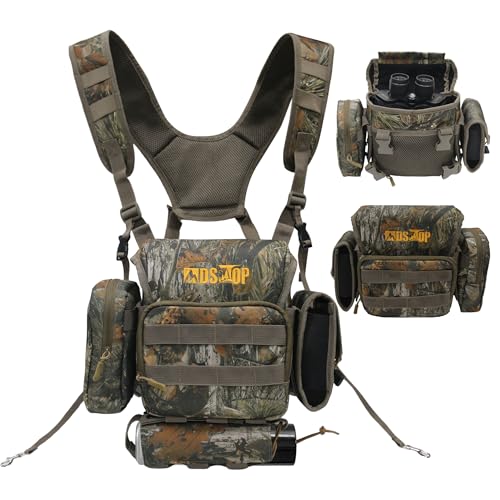 MDSTOP Binocular Harness Chest Pack with Magnetic Closure, Waterproof Bino Harness Rangefinder Pouch and Rain Cover for Hunting Hiking Birdwatching (Camo, L)
