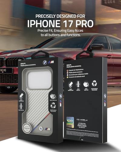 Image of CG MOBILE BMW [Official Licensed] Protective Case Designed for iPhone 17 Pro |Magnetic Compatible|M Collection|Pu Leather Case Carbon & Tricolor Stripe with Metal Logos -Silver