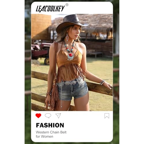 Image of LEACOOLKEY Women Turquoise Concho Chain Waist Belt Silver Western Cowgirl Metal Chain Belt for Dress Adjustable