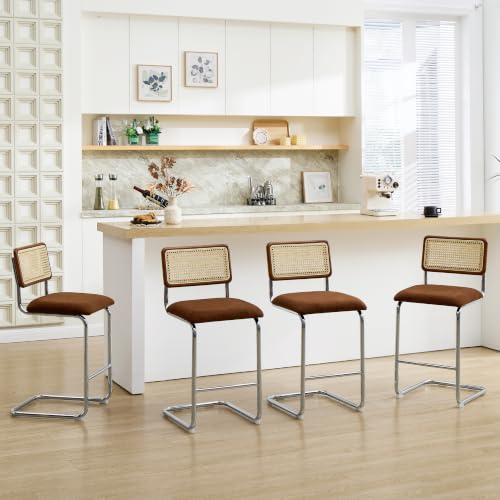 Image of ONEVOG 26 inch Mid-Century Rattan Counter Height Bar Stools, Brown, Set of 4 | Chenille Upholstered Kitchen Island Chairs with Natural Cane Back, Metal Legs and Cantilevered Design