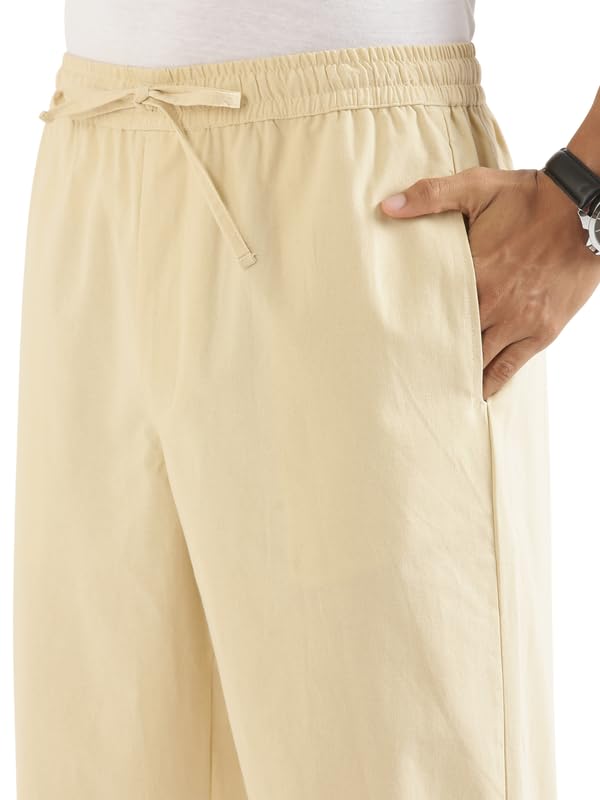 Image of SAADAA Men's 100% Cotton Pants | Mid-Rise Straight Fit Casual Trousers with Elastic Waistband and 3 Pockets | Everyday Wear