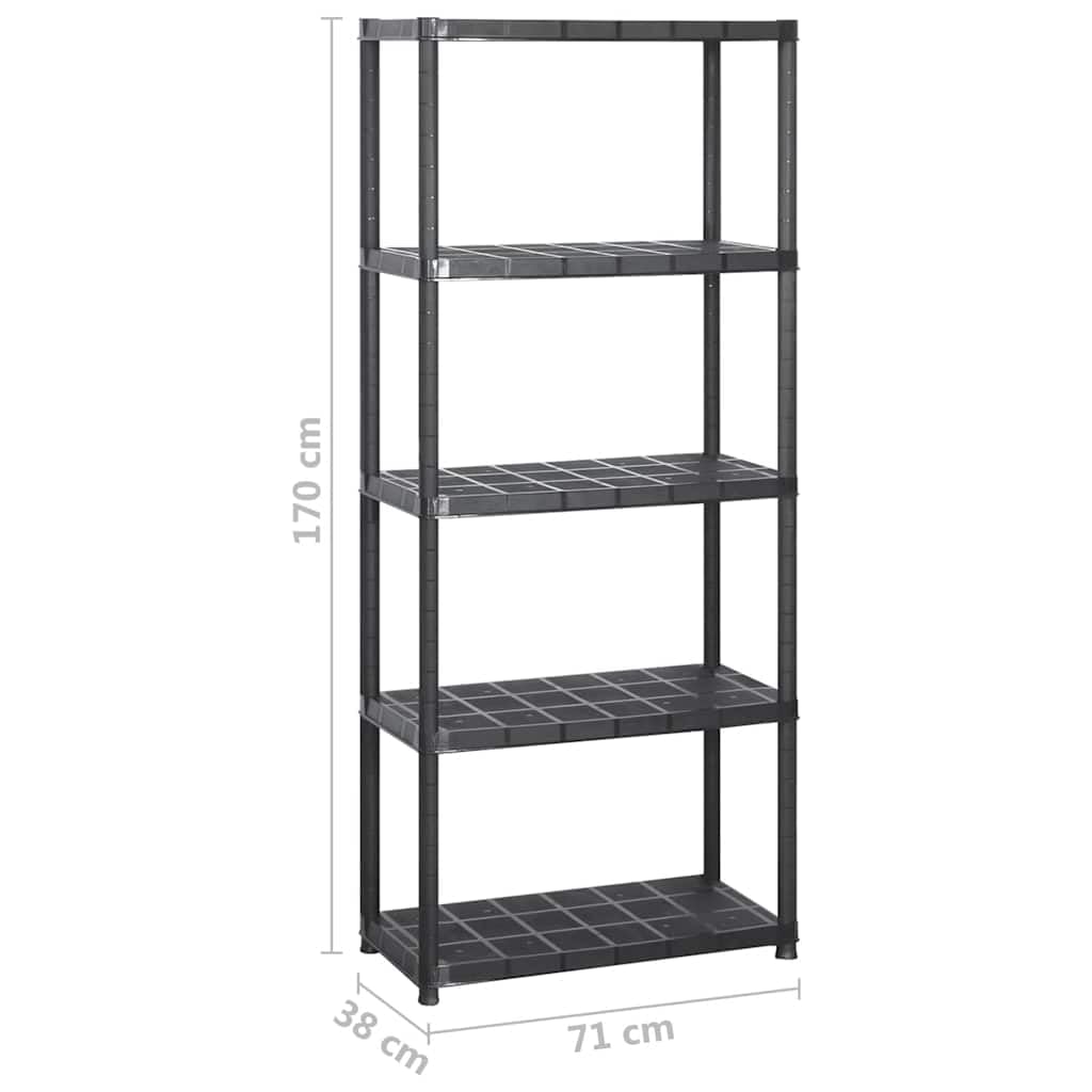 Estantería de almacenamiento con 5 estantes, 71 x 38 x 170 cm, plástico negro, estantería de pie para salón, sótano y despensa