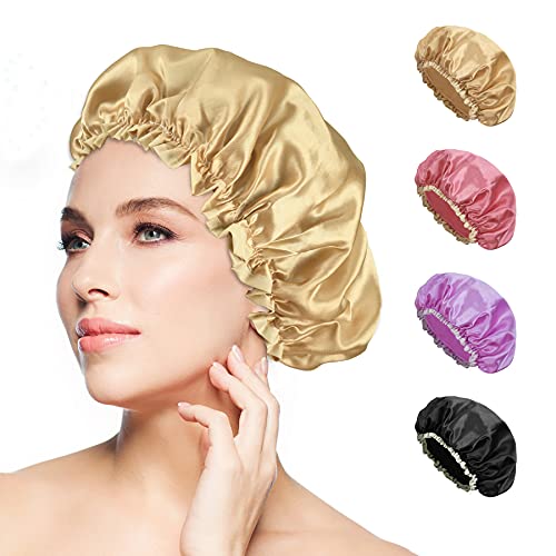Shower Cap for Women Reusable Shower Caps for Long Hair Bathing Cap Satin Double Layer Shower Hair Bath Cap Solid Color for Ladies Spa Salon(Gold)