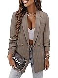 CRAZY GRID Women Work Casual Blazer Jacket Trendy Professional Business Suit Jacket Ladies Lightweight Buttons Formal Office Blazer XL Brown Plaid