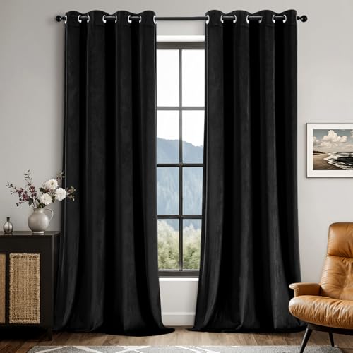 EMEMA Black Velvet Blackout Curtains 2 Panels W52xL108 Inch Grommet