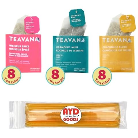 Herbal Tea Sampler Hibiscus Spice, Chamomile Blush, and Harmonic Mint 24 Tea Bags with 10 AYD Goods Honey Sticks Variety Pack Cover