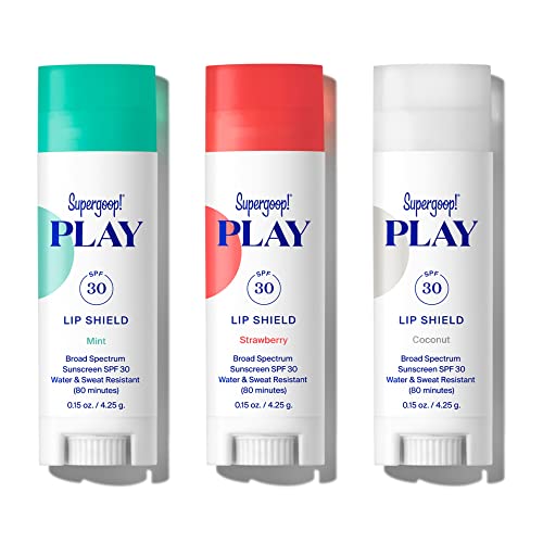 Supergoop! PLAY Lip Shield SPF 30 with Mint, Strawberry & Coconut - 3 Pack - Lip Balm - Moisturizing Treatment For Dry Cracked Lips - Clean Ingredients & Broad Spectrum UV Protection