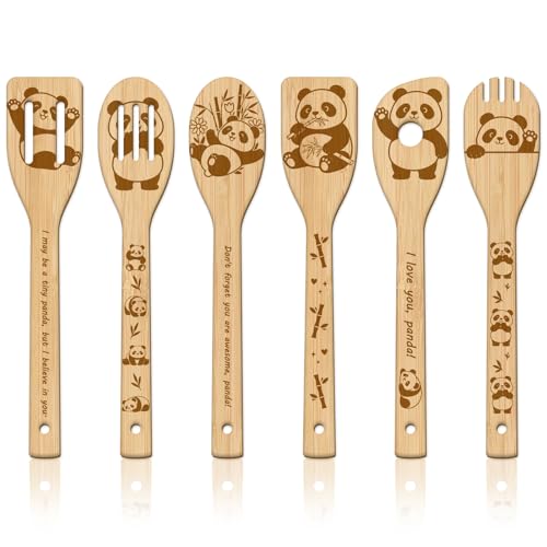 GLOBLELAND 6 Pcs Pandas Wooden Spoons Utensil Set Cute Panda Bamboo Carving Kitchen Cooking Utensils Wooden Engraved Cooking Spatula Sets for Kitchen Fun House Warming Gift