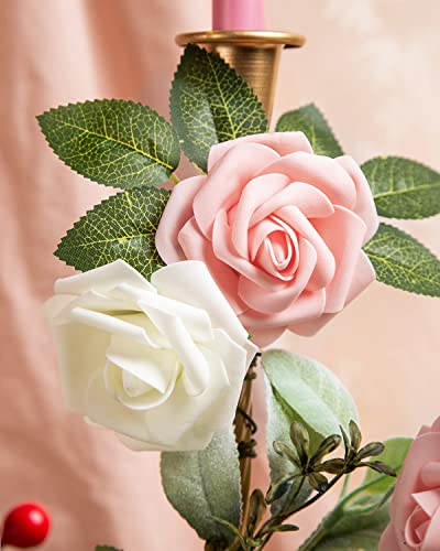 DuHouse 25Pcs Artificial Roses Flowers Fake Rose with Stems Real Touch Foam Flower Head for DIY Wedding Bridal Bouquet Baby Shower Centerpiece Floral Arrangement Party Home Decor(Peach) - Image 2