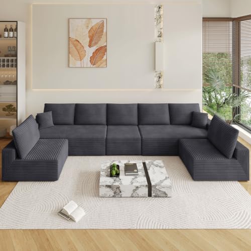 Image of Oversized Modular Sectional Sofa Couch, Large 7 Seater Corner Sofa Modern U Shaped Sectional Couch Cloud Couches for Living Room, Office, Spacious Space, Corduroy, No Assembly Required, Dark Grey