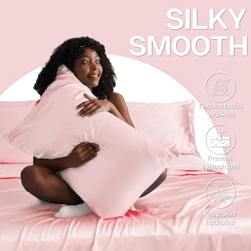 Image of MR&HM Satin Pillowcase for Hair and Skin, Silk Satin Pillowcase 2 Pack, Standard Size Pillow Cases Set of 2, Silky Pillow Cover with Envelope Closure (20x26, Light Pink)