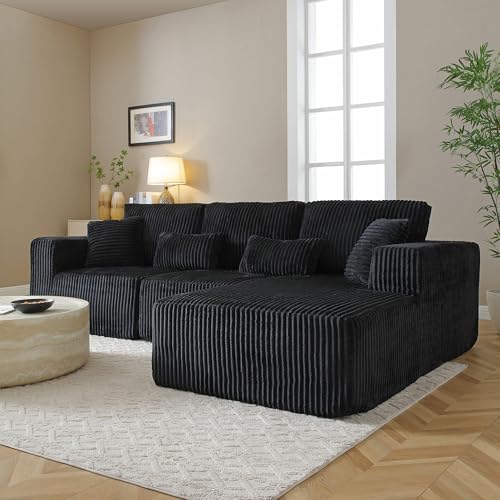 Image of L Shaped Modular Boneless Sectional Couches for Living Room, Wide Armrest, Deep Seat, Memory Foam, Assembly Free, Modern Comfy Corduroy Fluffy Cloud Sofa with Right Chaise, Black