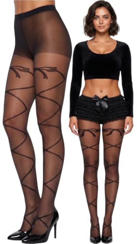 Image of ToBeInStyle Women's Ribbon Bow Twist Tie Opaque Sheer Hosiery Tights