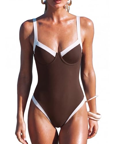 SUUKSESS Women Sexy Underwire One Piece Swimsuit Cut Out Color Block Tummy Control Bathing Suit V Neck High Cut Swimwear (Beige Brown M)