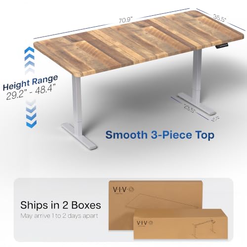 Image of VIVO Reclaimed Wood 71 x 36 in Standing Desk, DESK-KIT-1G7P-36 | Electric, Holds 220 lbs, Sit Stand, Height Adjustable, Extra Deep Table Top, Memory Presets, 1B Series, Gray Frame