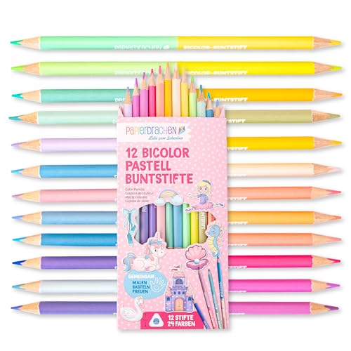 Papierdrachen 12 Bicolor Buntstifte 24 satte Farben Set - Holz dreieckig bruchsicher Schule - Kindergarten Malen Kinder Pastelltöne