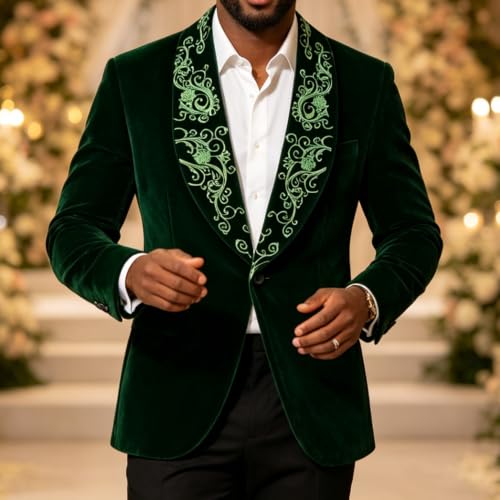 DAMANGUAN Men's Velvet Blazer, Gold Embroidered Suit Jacket, Black Tuxedo for Wedding Party Prom (US, Alpha, Small, Regular, Regular, Dark Green) - image 3