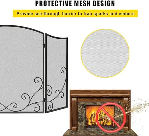Red de chimenea de hierro forjado negra con protector de chispas de tres paneles 6