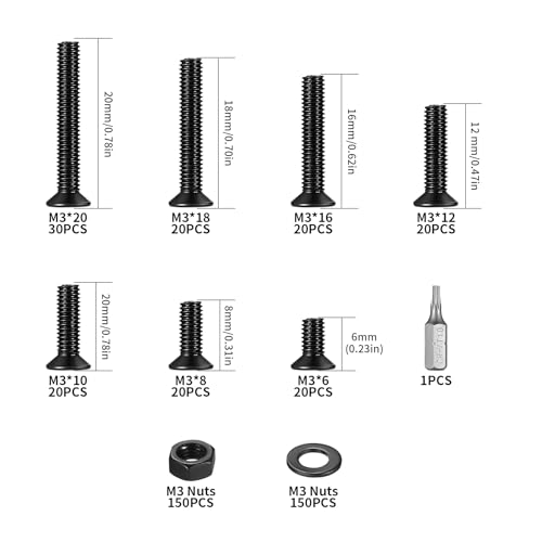 450 Stück M3 Schrauben Set, M3 Torx Schrauben Set, Senkkopfschrauben Muttern und Unterlegscheiben Set, Torx Flachkopfschrauben, Gewindeschrauben Set, Maschinenschrauben Sortimen, Schwarz
