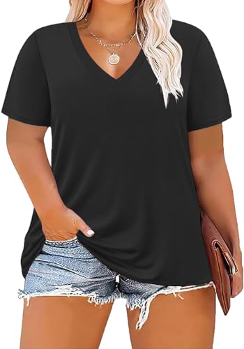 Image of ForHailey Women's Plus Size Short Sleeve Tee Shirt V Neck Basic Ladies Loose Fit T Shirt 1X-5X