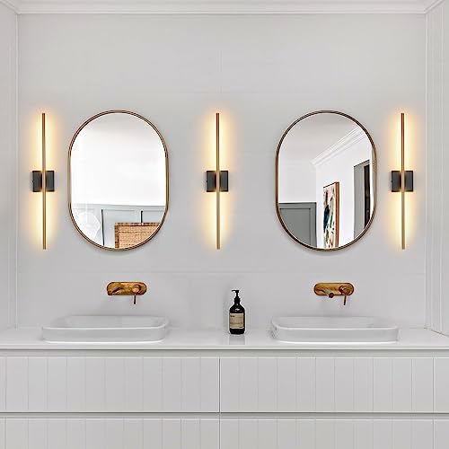 Image of KUZZULL Modern Light Fixture Set of Two 27.8x4.3x3.4in Black and Brass Gold Sconces 1200Lm LED Wall Lights for Bathroom, Living Room, Corridor