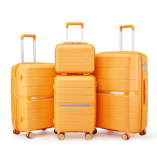 Durable and Lightweight 4-Piece Luggage Set with Expandable Suitcase, Spacious Interior, and 360° Spinner Wheels, Orange