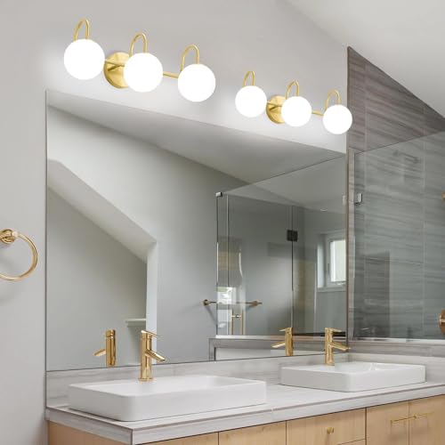 Image of Gold Light Fixtures, 3-Light Over Mirror, Mid Century Modern Bathroom Vanity Lights Wall Sconces With Globe Frosted Milk Glass