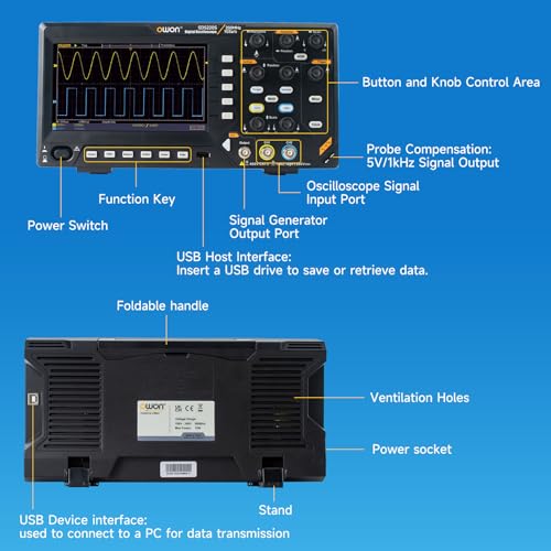 Image of OWON Oscilloscope, OWON SDS220S Digital Oscilloscope 200MHz Bandwidth 2+1 Channel 1GSa /s Sample Rate with 25MHz Waveform Generator 7 inch LCD Display