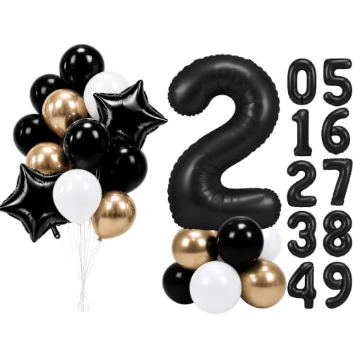 Image of PartyWoo Black Number 2 Balloon 40 Inch 25pcs Black Foil Star White Gold