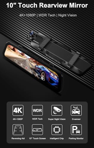 Image of 10 inch IPS Touch Screen Mirror 4K Dash Cam for Car with Dual Camera Recording Front and Rear | WiFi | GPS | Night Vision | Parking Assistance | G-Sensor | Loop Recording Dashboard Camera