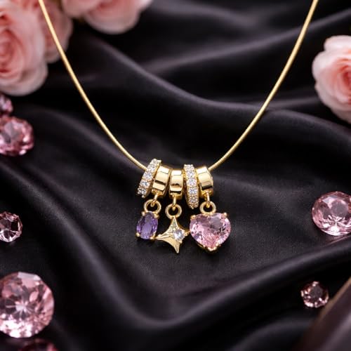 Image of Amaal Anti Tarnish Gold Necklace for Women | Crystal Heart Star Charm Pendant Chain | Stylish AD Diamond Jewellery| Adjustable Neck chains | Valentine Gift for Girlfriend, Wife Stainless Steel -302