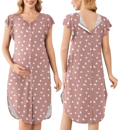 Ekouaer Labor and Delivery Gown 3 in 1 Nursing/Hospital/Breastfeeding/Maternity Flying Short Sleeve Nightgown with Button Mauve Heart L