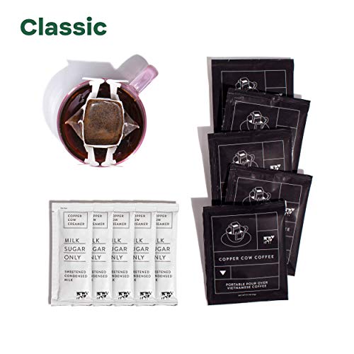 Copper Cow Coffee + Creamer Variety | Classic, Lavender, and Churro Coffee with Classic Creamer | Single-Serve Pour Over Vietnamese Coffee Pouches | 15 Pack