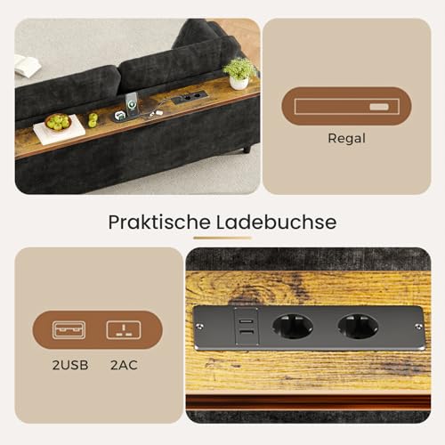 KKL Couch 2 Sitzer Sofa mit LED-Lichtschläuche und Konsolentisch, mit 2 AC-Ladeanschlüssen und 2 USB-Anschlüssen Chenille für Wohnzimmer/Schlafzimmer/Wohnung – Bild 5