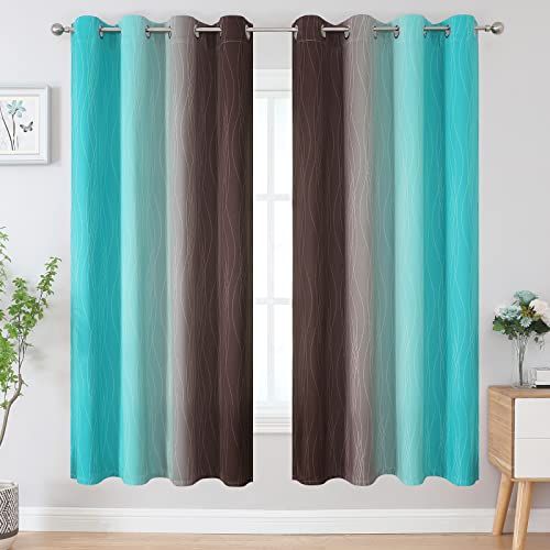 Estelar Textiler Teal and Brown Ombre Blackout Curtains 72 Inches Length for Bedroom, Thermal Insulated Full Light Blocking Grommet Gradient Blackout Drapes for Living Room, 52Wx72L, 2 Panels