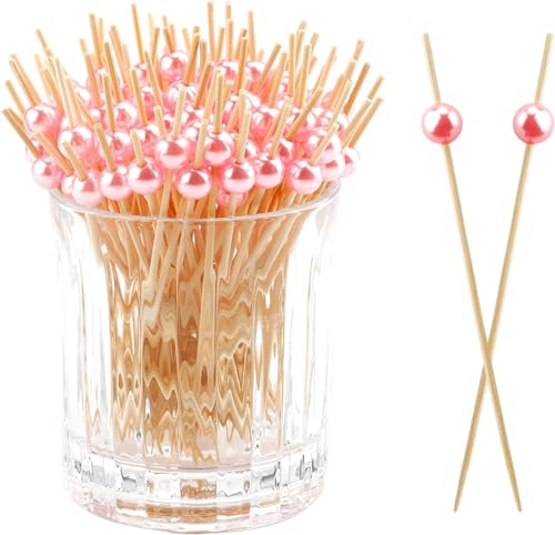 ALINK Rosa Perlen Cocktailspieße,100 Stück Spieße Fingerfood Kinder,12cm Perlen Cocktail Deko Hochzeit Holzspieße,Cocktail Sticks Zahnstocher Holz,Obstspieße Käsespieße Partyspieße für Geburtstag