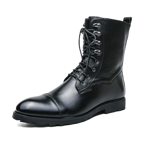 Men's Genuine Leather Patchwork Rivet Cap Toe Combat Boots Fashion Lace Up Round Toe Block Chunky Heel Mid Calf Derby Booties For Riding Hunting