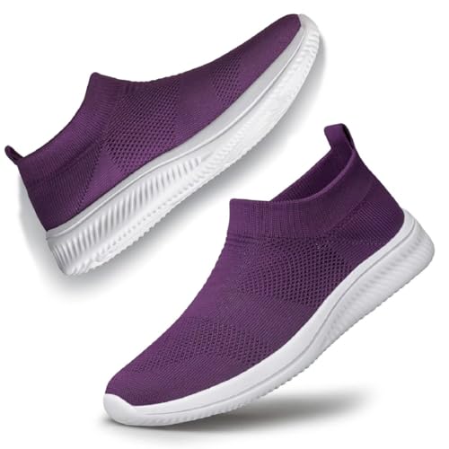 vibdiv Slip on Shoes Mesh Knit Sock Sneakers Women Flat Breathable Mesh Indoor Outdoor Purple 9