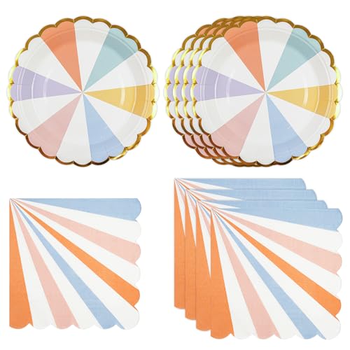DHAIQC Lot de 50 Vaisselle Jetable Anniversaire, Couleur Rayées Assiettes en Carton et Serviettes Festonnées pour Barbecue Anniversaire Enfants Fête...