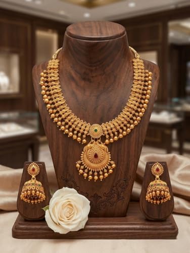 Image of Gold-Plated Antique Temple Jewellery Set for Women - Traditional Necklace with Large Peacock Pendant & Matching Jhumka Earrings | Ethnic Festive & Bridal Wear Set with Ruby & Emerald Accents
