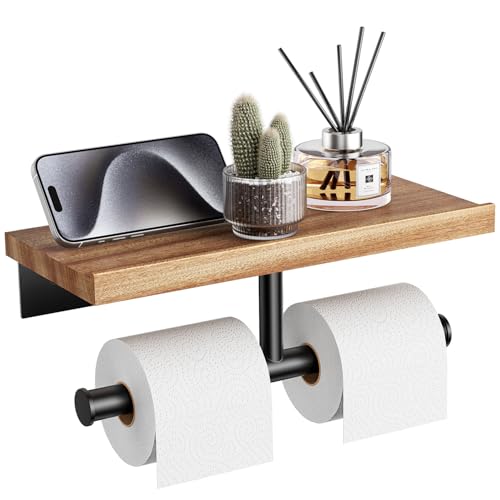 Image of Tindbea Double Toilet Paper Holder with Wood Shelf, Wooden Wall Mount Toilet Paper Roll Holder, Matte Black Stainless Steel Bathroom Toilet Tissue Holder (Sapele, Matte Black)