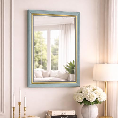 Image of Rousrie Premium Framed Glass Wall Mount Mirror, Decorative, for Bathroom, Bedroom, Living Room and Entryway, Wash Basin (14 by 20 Inch) (Golden Blue)