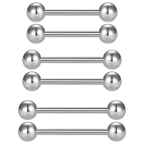 16G 6PCS Tongue Bars Nipple Rings for Women Men Stainless Steel Straight Barbells 14-18MM Body Piercing Jewelry-Silver Cover